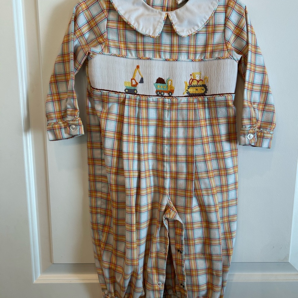 Fall Plaid Longall with Cute Truck Embroidery and White Peterpan Collar